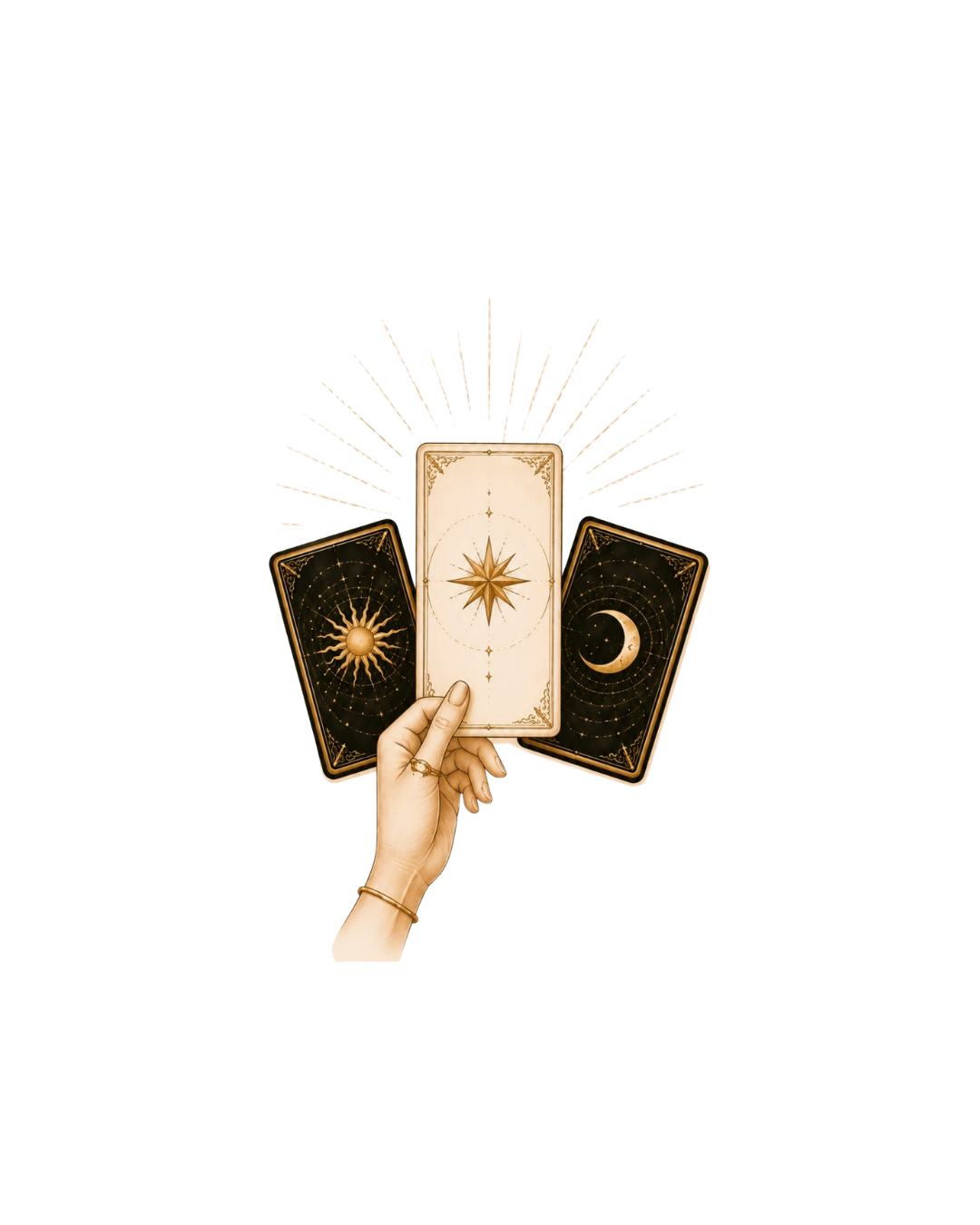 Une main présentant une carte centrale entre deux cartes soleil et lune, illustration dorée.