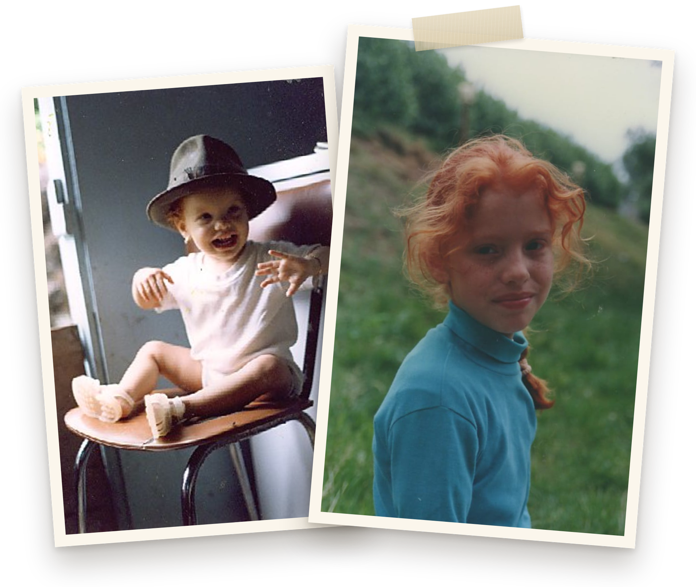 Planche souvenir : deux photographies d'enfance d'Aliette, disposées comme des tirages superposés.