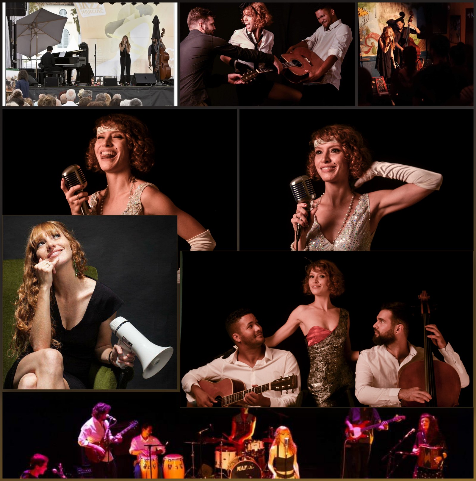Planche collage de la période chanteuse d'Aliette : scènes, concerts et portraits sur fond de reflets dorés.