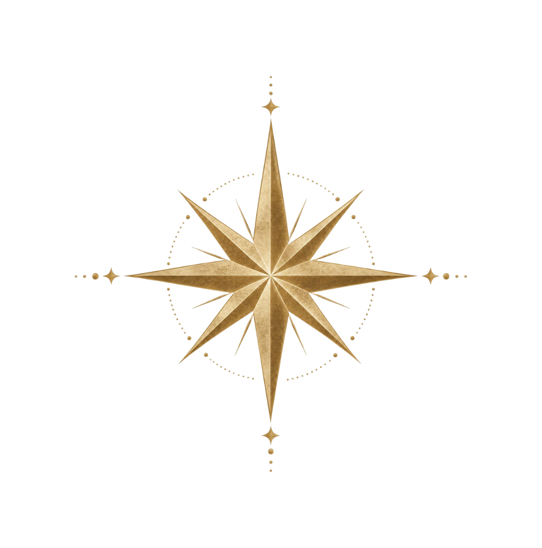 Une étoile à huit branches façon rose des vents, entourée d'un cercle pointillé, illustration ornementale dorée.