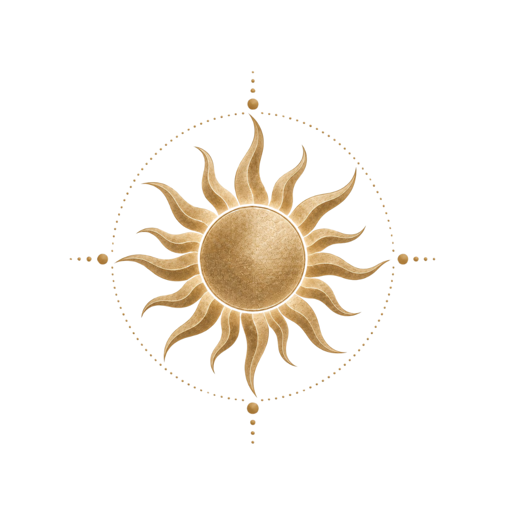 A golden sun with sixteen rays surrounded by a dotted circle, ornamental illustration.