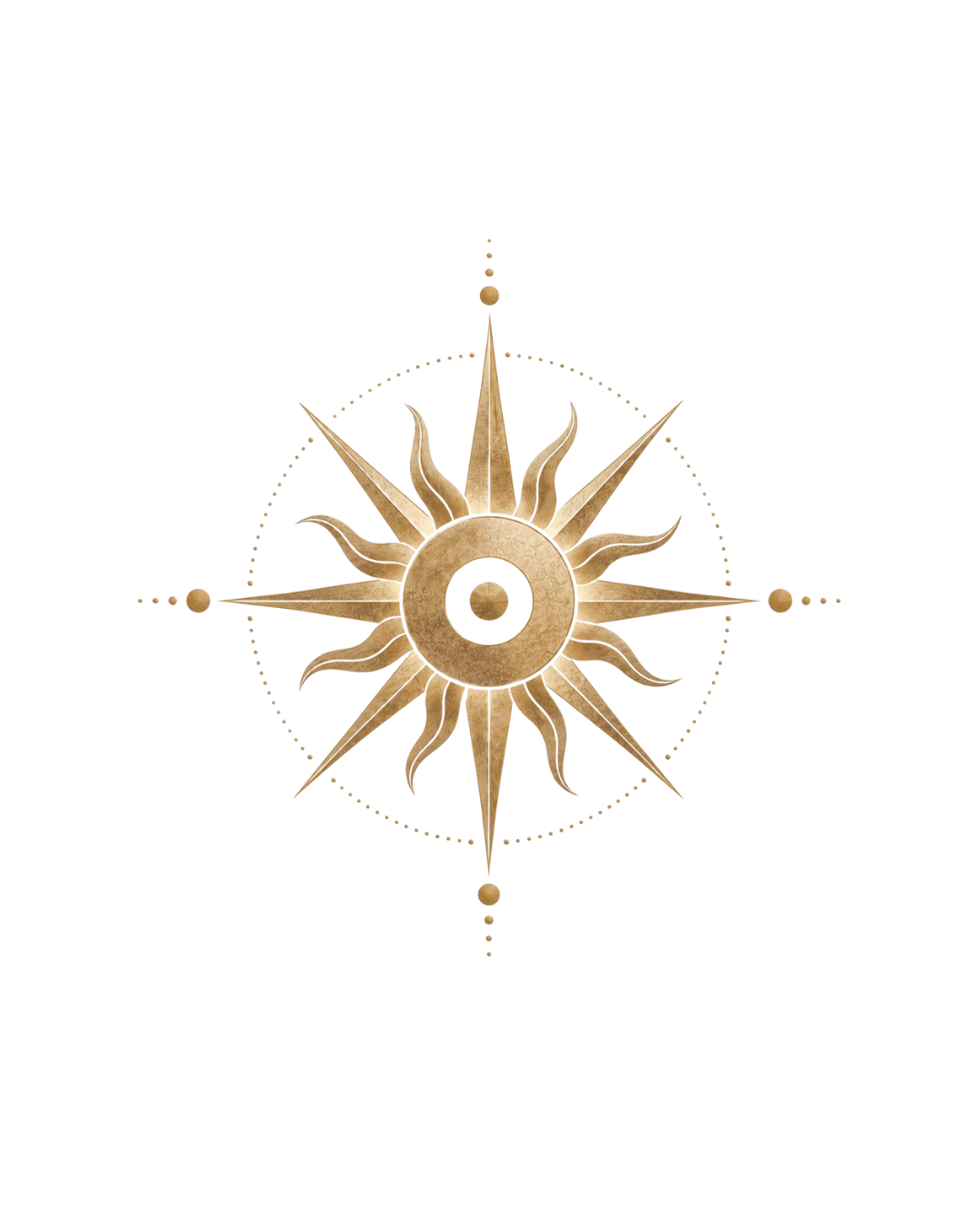Un symbole soleil-compas doré, illustration ornementale à rayons multiples.