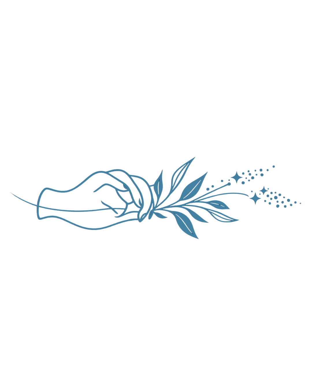 Une main tient une branche feuillue d'où s'élèvent des étincelles, illustration au trait turquoise.