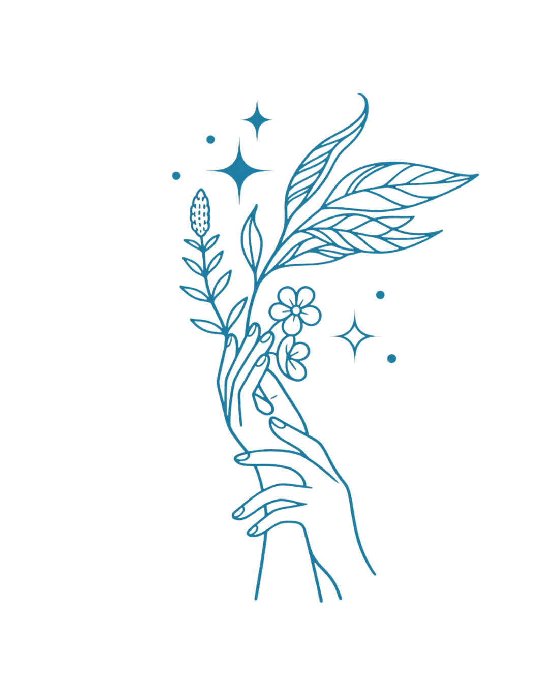 Une main tient des fleurs et des feuilles parmi des étincelles, illustration au trait turquoise.