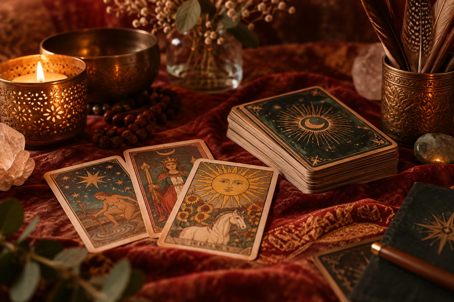 Un jeu de tarot déployé sur du velours, bol chantant, bougie et cristaux.