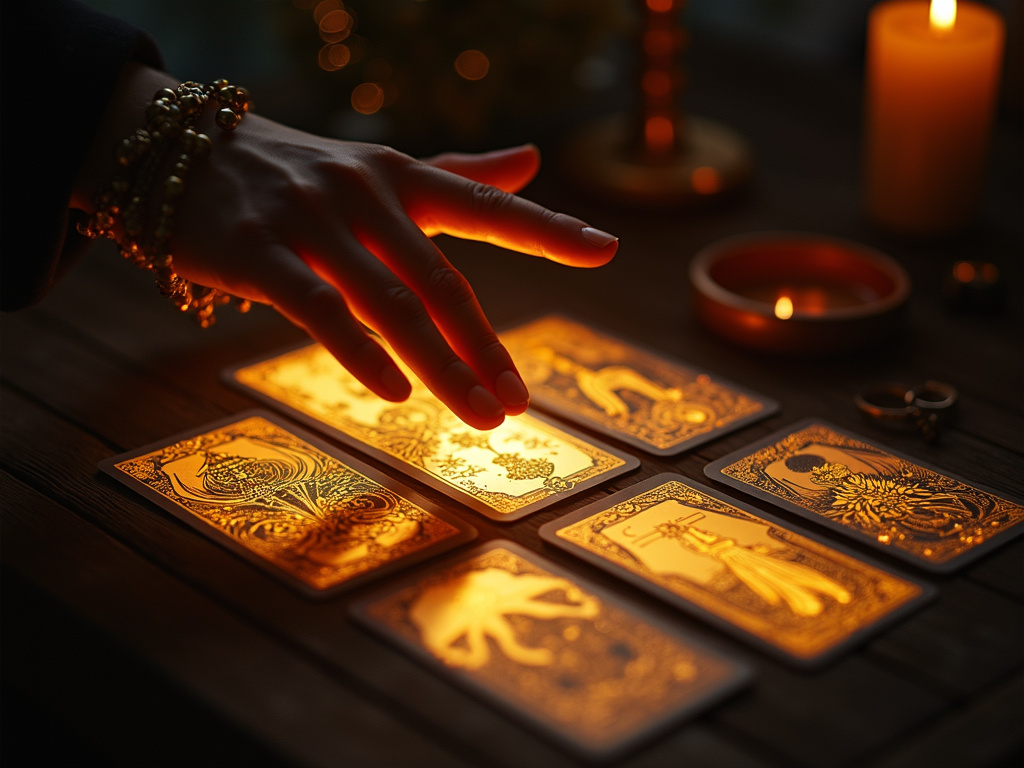 Une main au-dessus de cartes de tarot dorées et lumineuses.