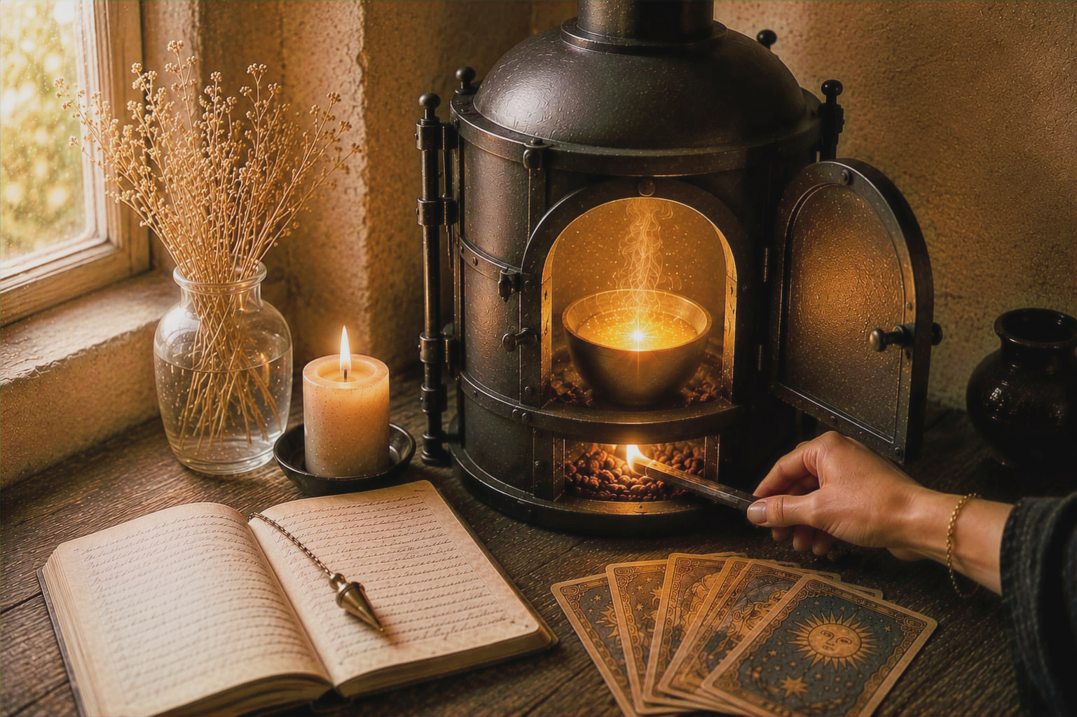 Un athanor, four alchimique, avec un bol lumineux à l'intérieur ; un carnet manuscrit avec un pendule, et des cartes de tarot.