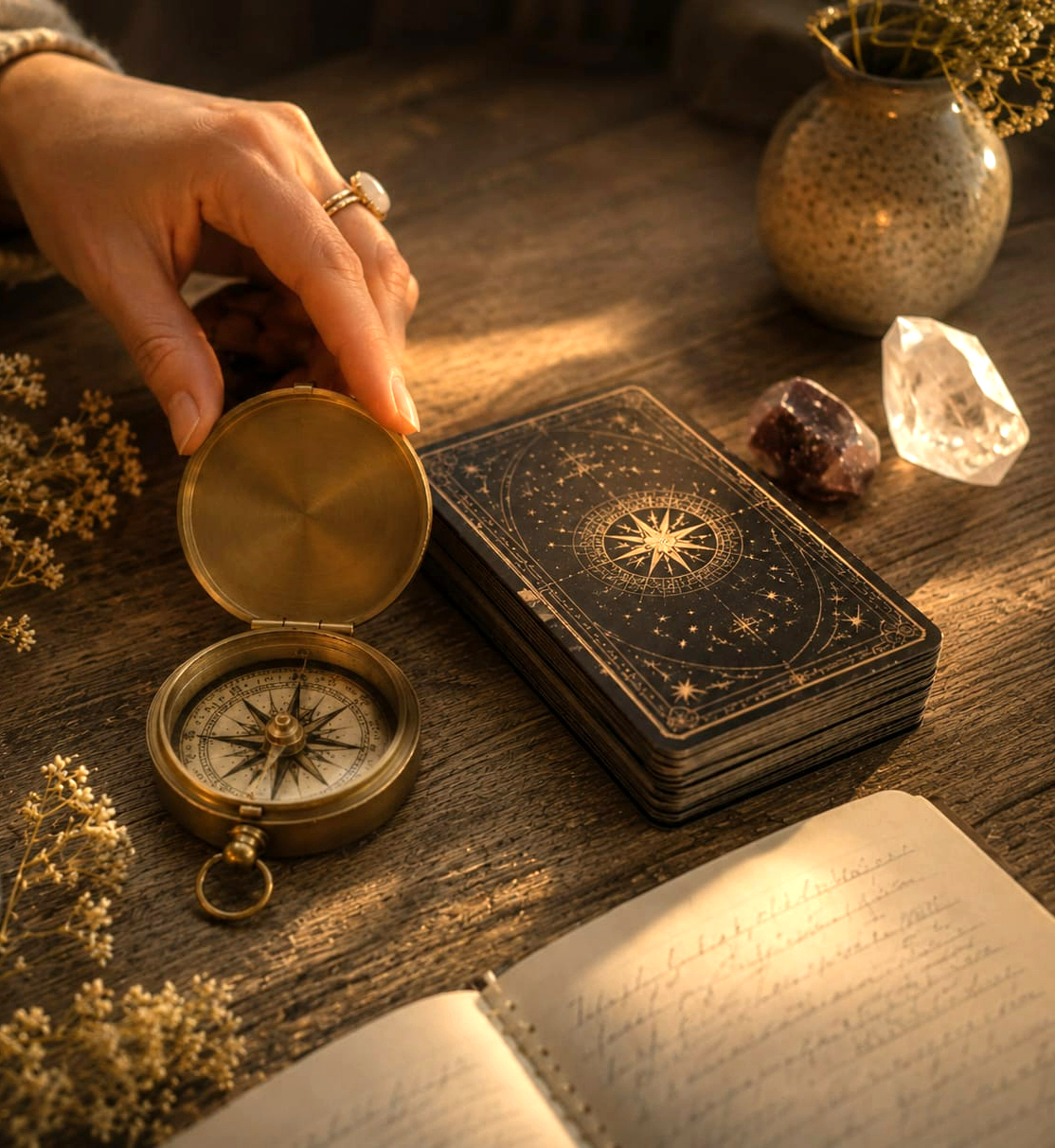 Une main ouvrant une boussole en laiton près d'un jeu de cartes étoilé et d'un carnet manuscrit.