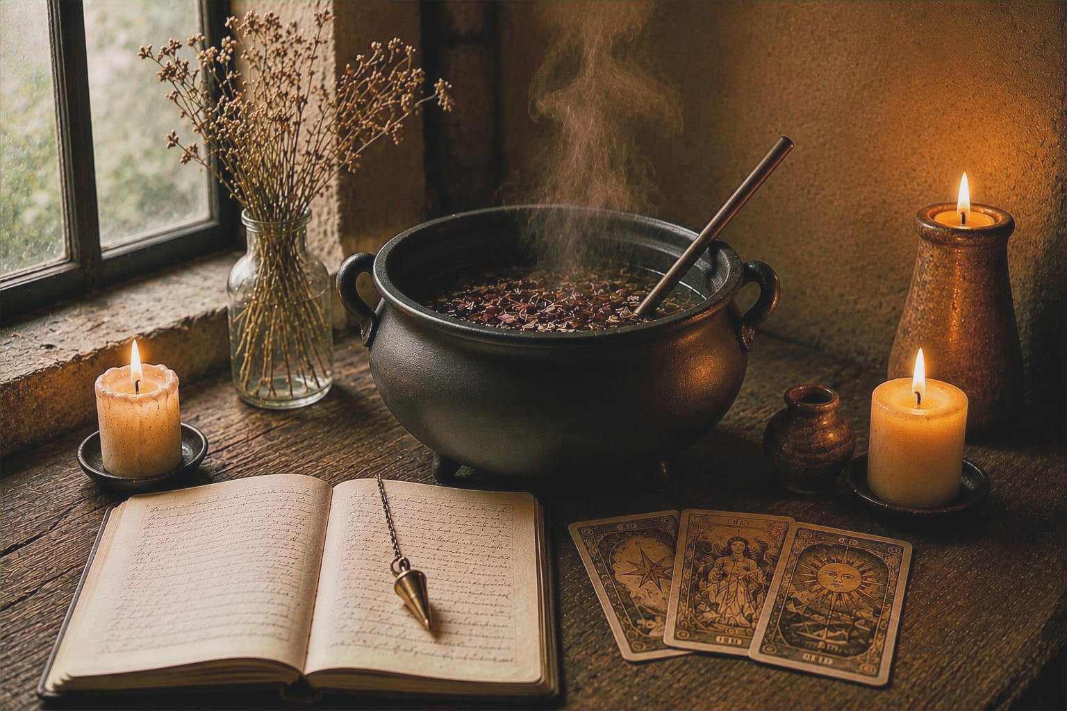 Un chaudron fumant sur une table de bois près d'une fenêtre, un grimoire manuscrit ouvert avec un pendule, et trois cartes de tarot.