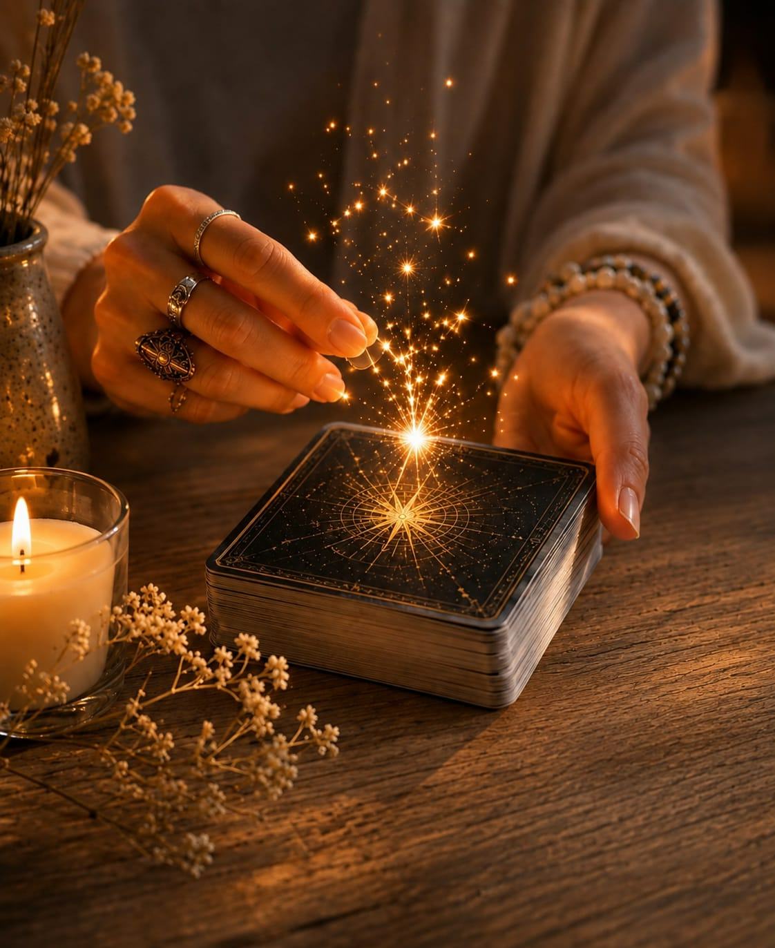 Des mains au-dessus d'un jeu de cartes sombre d'où jaillit une étincelle dorée, près d'une bougie.