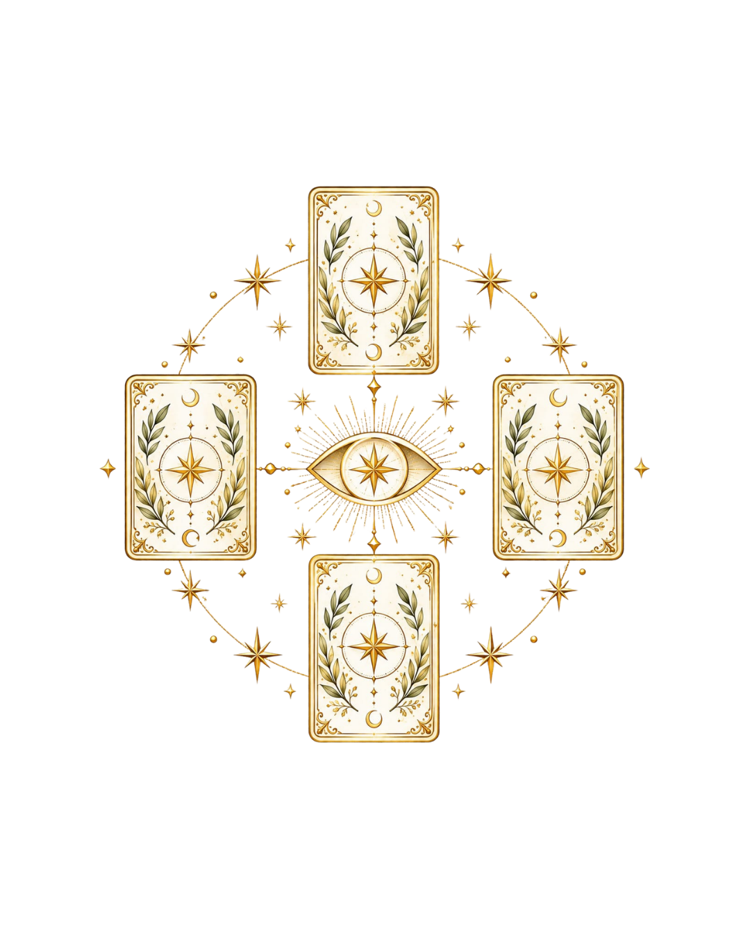Quatre cartes de tarot disposées autour d'un œil rayonnant, illustration dorée.