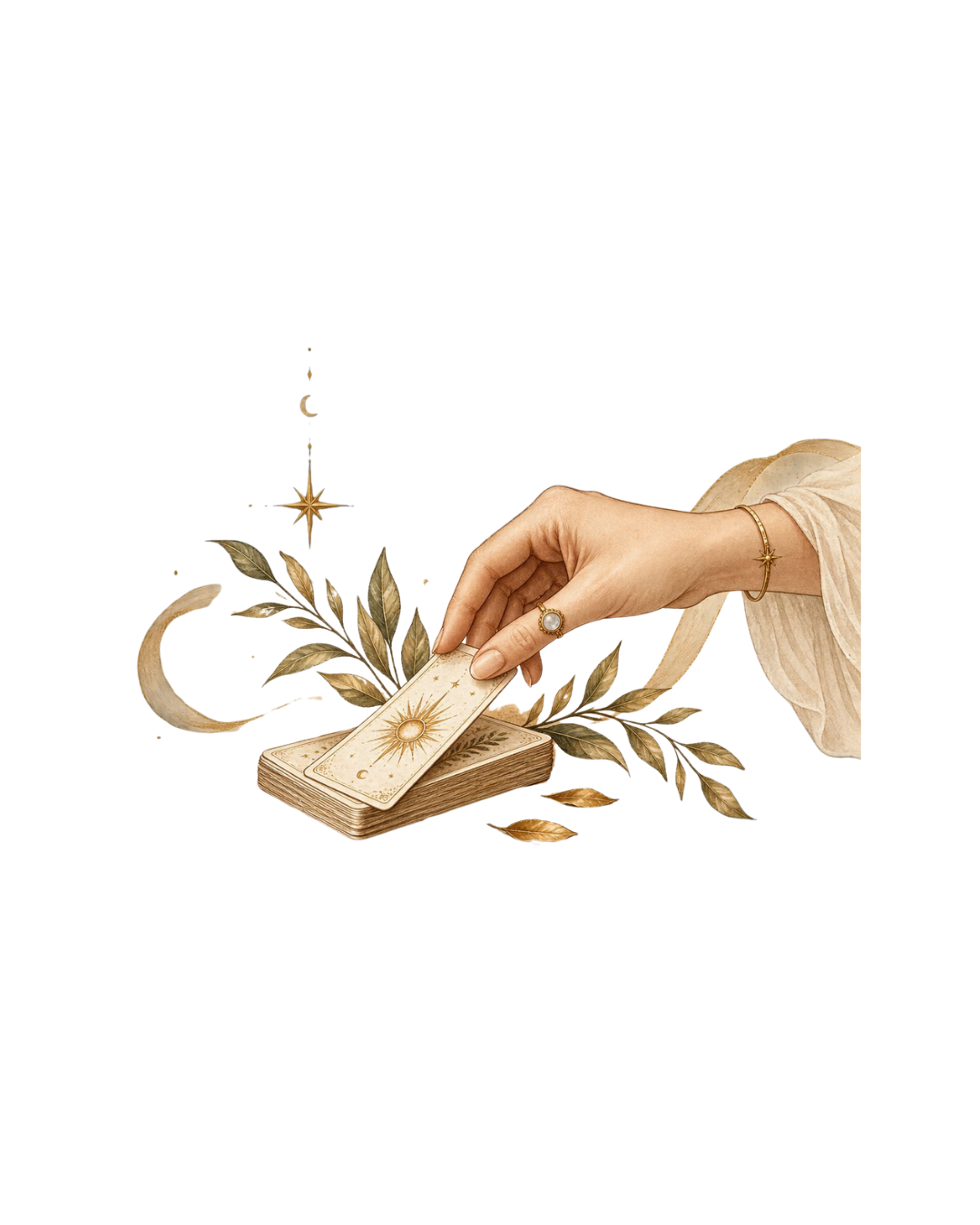Une main pose une carte au motif soleil sur une pile de cartes, entourée d'une lune, d'une étoile et de rameaux de laurier dorés, illustration dorée sur fond transparent.