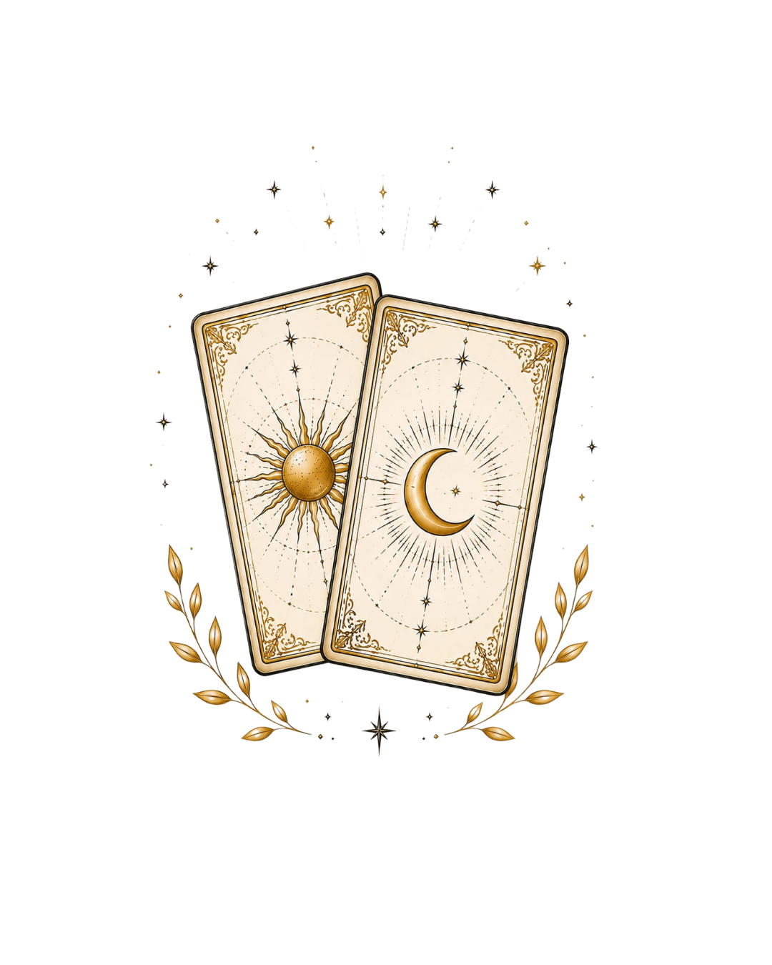 Deux cartes ornées aux motifs soleil et lune, encadrées de rameaux de laurier dorés, illustration dorée sur fond transparent.