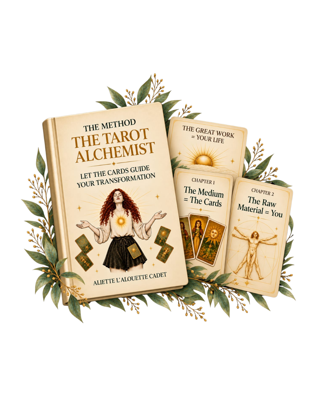 The Guidebook « The Tarot Alchemist Method »: book mockup with its chapter cards.