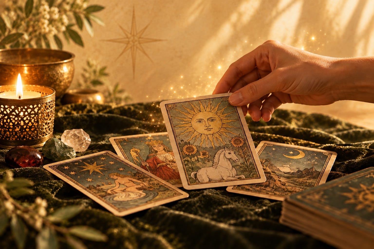 Une main tire « Le Soleil » d'un tirage de tarot posé sur du velours vert, près d'un bol chantant et de cristaux.