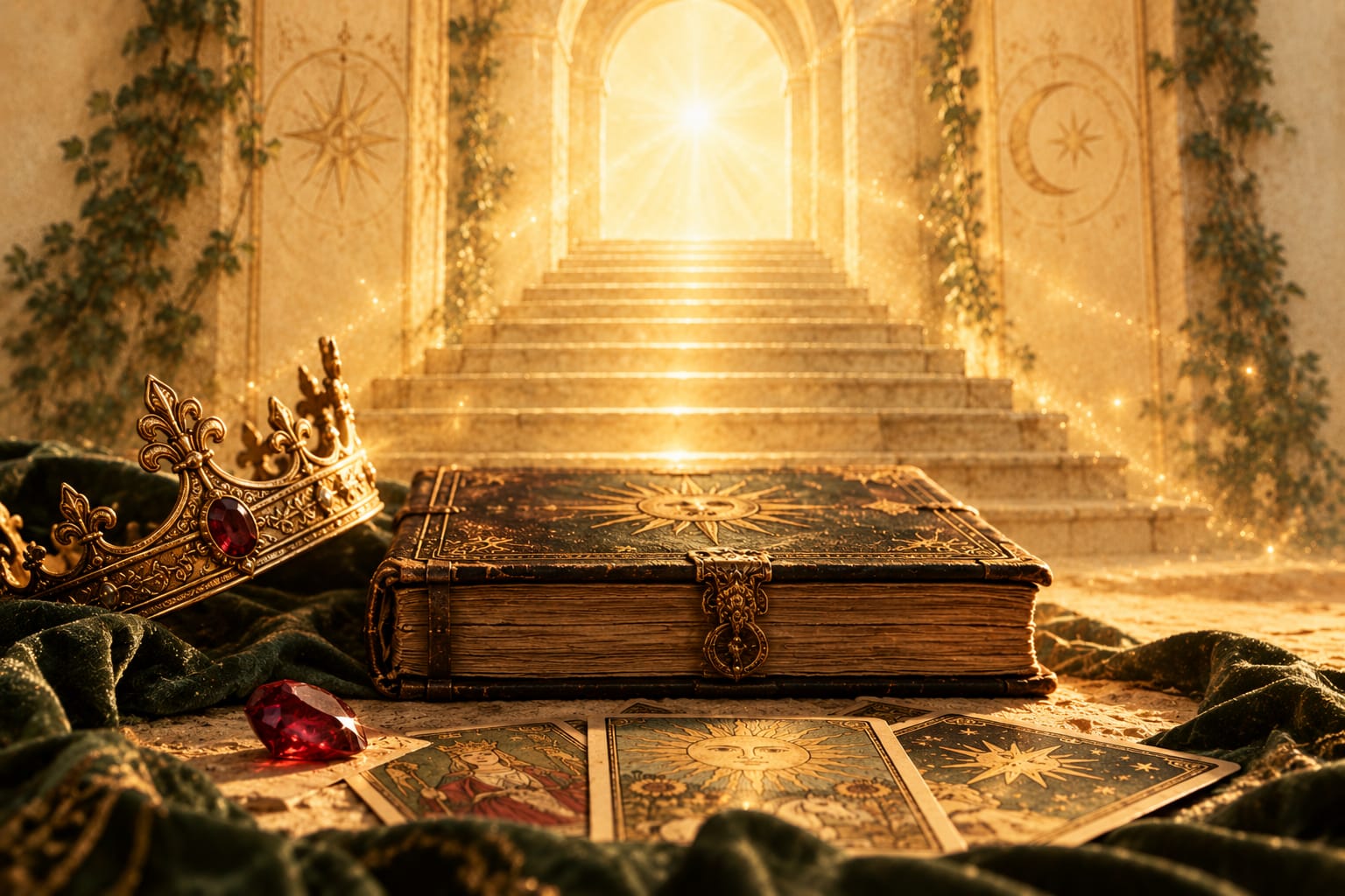 Une couronne dorée à gemme rouge et un grimoire ancien devant un escalier de marbre inondé de lumière ; velours vert et cartes de tarot.
