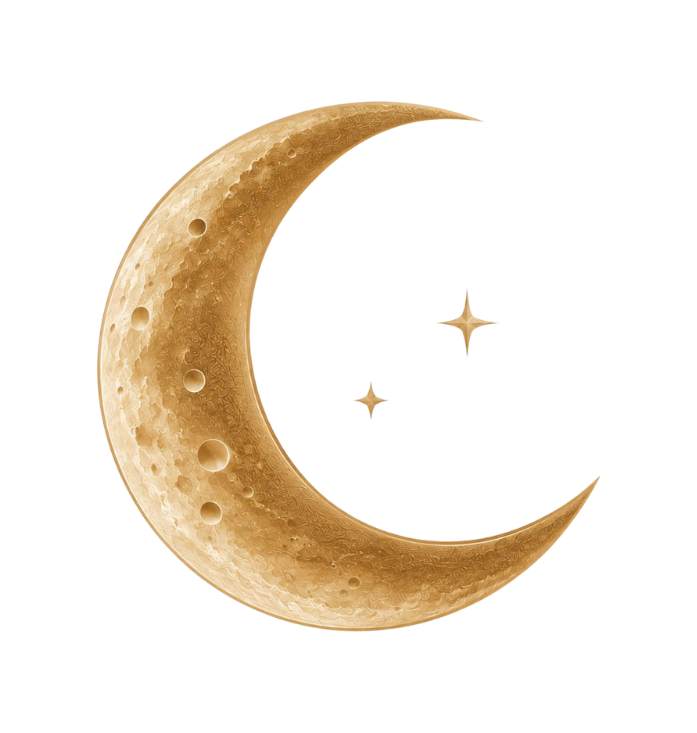 Un croissant de lune doré entouré de deux étoiles scintillantes, illustration ornementale.