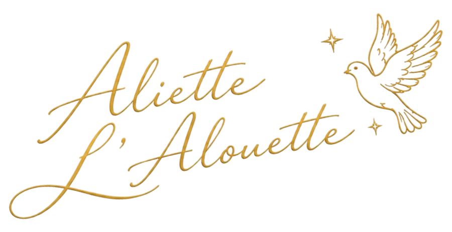 Signature manuscrite d'Aliette L'Alouette, accompagnée d'une colombe dorée.