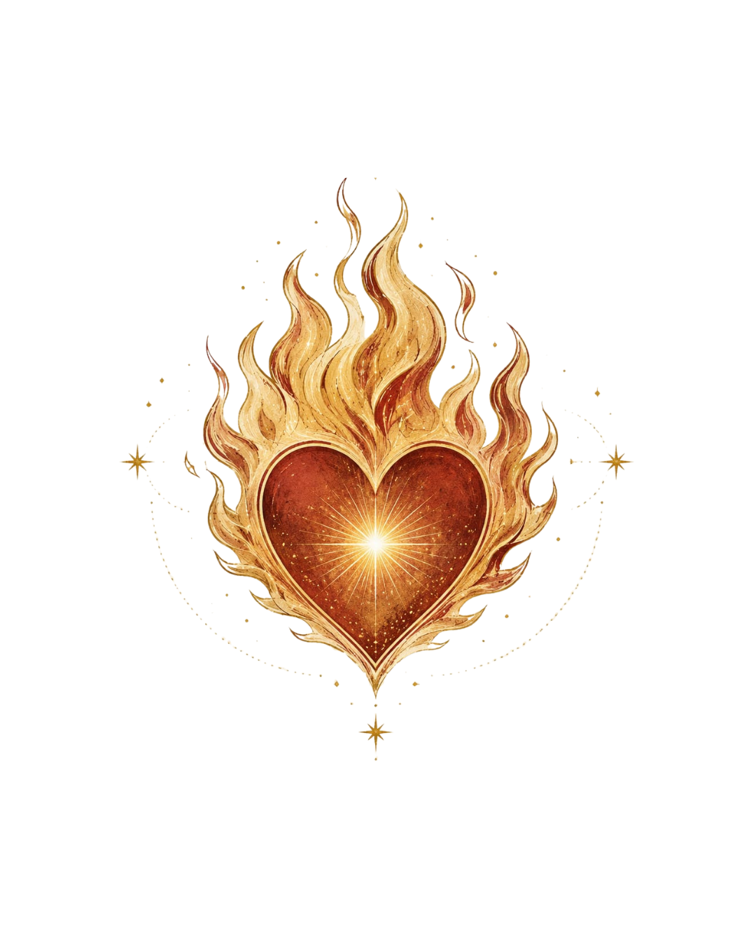 Un cœur en flammes rouge et or, cerclé d'étoiles — emblème de La Voie du cœur.