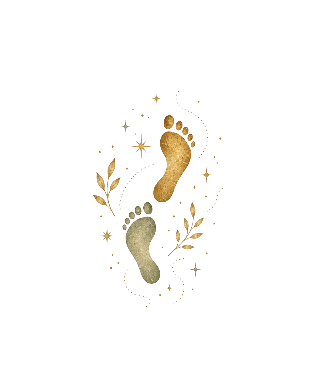 Deux empreintes de pieds, l'une dorée l'autre vert sauge, parmi des étoiles et des feuilles — le chemin à marcher.